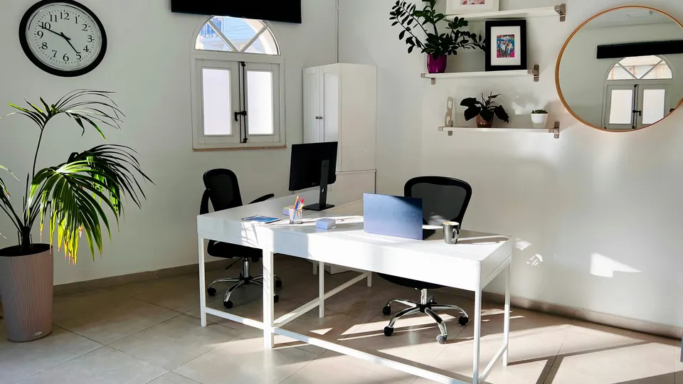 Helles, kleines Büro mit zwei Schreibtischen, Laptops und Pflanzen